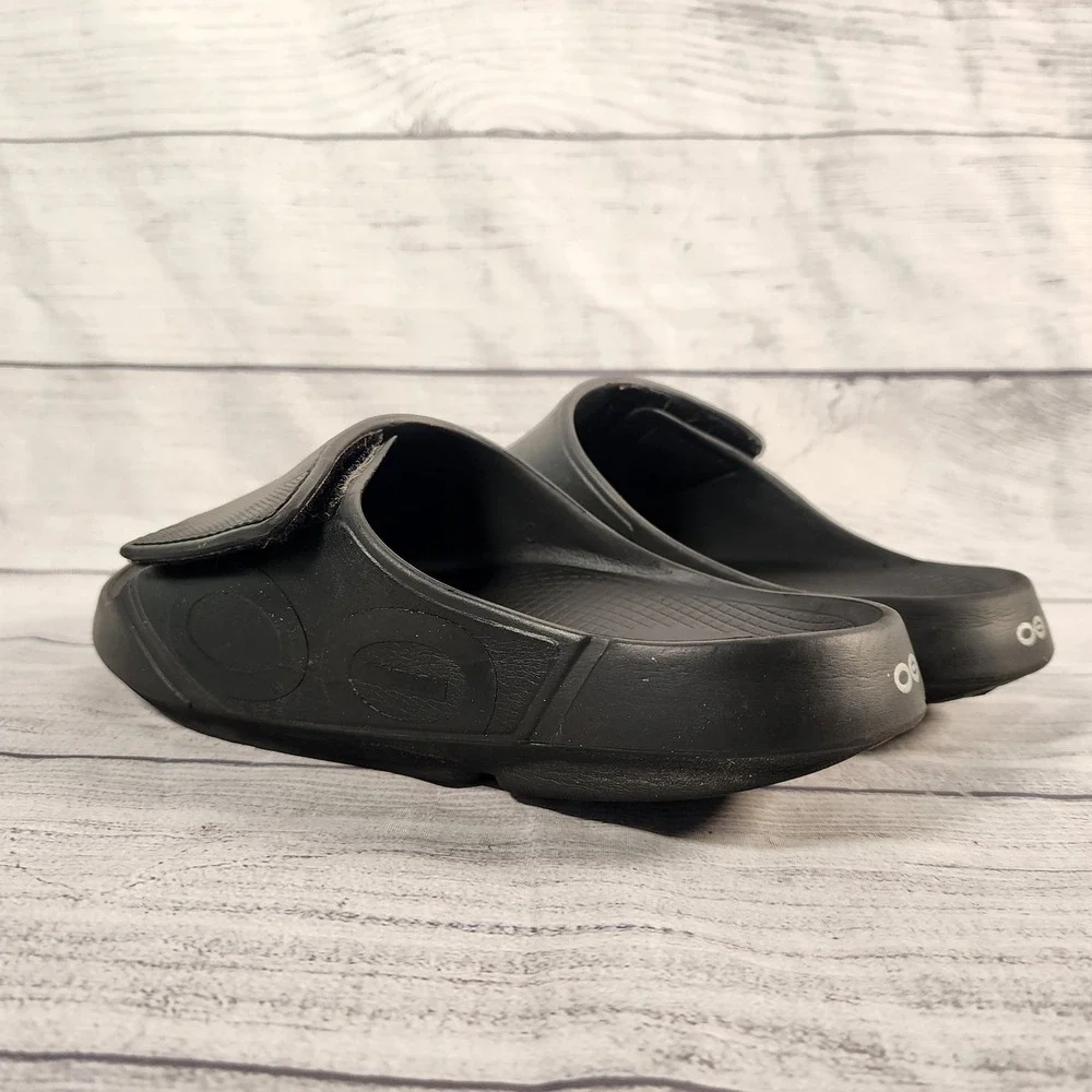 OOFOS OOahh Sport Flex Black Adjustable Strap Recovery Slide Sandals Mens 9 W 11